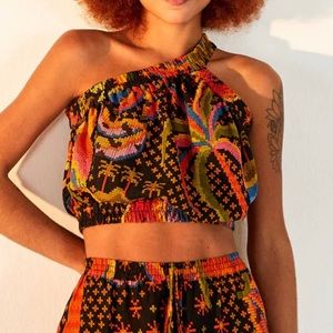 FARM Rio Black Macaw Island one shoulder crop top